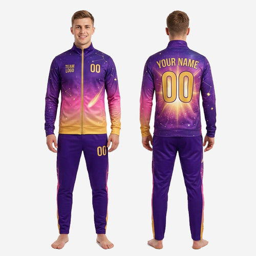 Full set view of custom sublimated purple soccer tracksuit with matching jacket and pants in Royal Purple and Athletic Gold