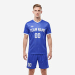 Full-dye sublimated Royal Blue and White mens soccer uniform kit showing jersey and matching shorts complete set