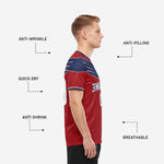 Close-up of full-dye sublimation print on custom crimson red and navy blue soccer jersey showing colorfast finish