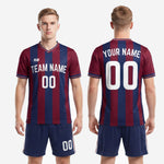 Full custom sublimated soccer kit set in burgundy and navy blue vertical stripe pattern