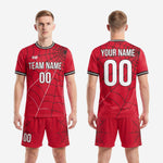 Full custom spiderweb soccer uniform set in red and black, sublimated team kit by K2 Sportswear