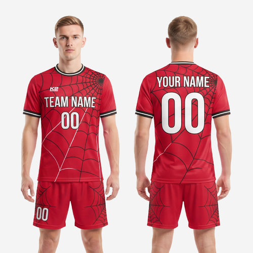 Full custom spiderweb soccer uniform set in red and black, sublimated team kit by K2 Sportswear