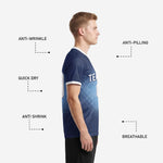 Custom sublimation soccer jersey Navy Blue and Sky Blue, back view showing player surname and number print zones