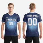 White contrast sleeve cuff trim detail on custom sublimation soccer jersey in Navy Blue and Sky Blue dot-burst design