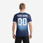 Close detail of white V-neck trim on custom Navy Blue sublimation soccer jersey for men's club teams