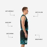 Rear angle of black and teal Aztec pattern basketball uniform set showing full shorts panel and back jersey number print zone