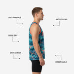 Back view of teal and orange camo basketball jersey showing back number placement and full sublimated pattern across the body