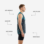 Back view of custom teal basketball jerseys showing back number and player name placement on the charcoal geometric print