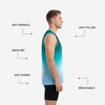 Back view of custom teal basketball jersey showing back number placement, player name zone, and teal to sky blue gradient across full back panel