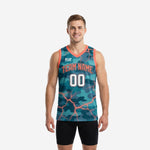 Custom teal basketball jerseys with camo pattern and orange crack lines, team name arc and front number 00 on adult male model - front view