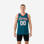 Custom teal basketball jerseys with coral-red V-neck binding and arced team name on the front, shown front and back on a male model