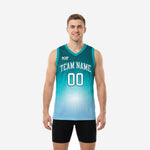 Custom teal basketball jerseys with deep teal to sky blue hex gradient, arched team name and front number 00 on adult male model