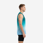 Men's custom teal basketball jersey showing V-neck binding, honeycomb hex pattern fade, and white arched team name on front panel