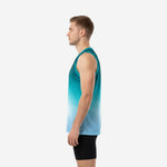 Side view of custom teal basketball jersey showing straight hem length, bound armhole, and full hex gradient from shoulder to hem