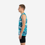 Left side view of custom teal camo basketball jersey showing continuous edge-to-edge sublimation and straight hem with side vent
