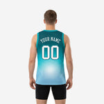 Right side view of men's full sublimation teal basketball jersey with sky blue hex fade and teal V-neck neckline detail