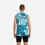 Right side view of full sublimation teal basketball jersey with navy camo pattern wrapping from front panel to back panel