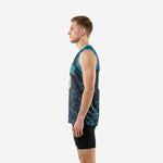 Side view of custom sleeveless teal basketball jerseys showing the full-coverage geometric pattern and teal trim from collar to hem