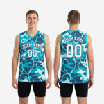 Size chart for custom teal basketball jerseys showing youth and adult sizing measurements for roster ordering
