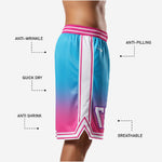 Size and specification sheet for custom teal and pink gradient team basketball shorts, youth through adult sizing