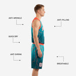 Back view of custom teal basketball uniform jersey showing player name and number above coral-red armhole binding