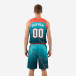 Opposite side view of custom teal and coral-red basketball uniform showing shorts waistband and jersey armhole trim
