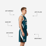 Back view of custom teal basketball uniform showing back name and number placement on the sublimated teal jersey with white panel accent