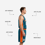 Back view of custom teal and orange basketball uniform set showing back name and number placement on the sublimated jersey