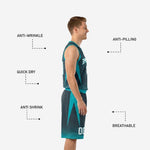 Back view of custom teal basketball uniforms showing back number and player name placement on charcoal V-neck sleeveless jersey
