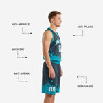 Back view of custom teal basketball uniform showing back number placement and full sublimated splash design on jersey and shorts