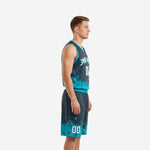 Men's teal and charcoal basketball uniform set showing arched team name and front number on the jersey chest