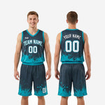 Size and spec sheet for charcoal teal basketball uniform set covering youth and adult sizing for full roster orders