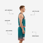 Back view of custom teal sublimated basketball uniform showing back player name and number placement above the back number zone