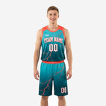 Custom teal basketball uniforms with coral-red lightning graphic, crew neck jersey and matching shorts, front view showing team name and number