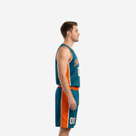 Front view of custom teal and orange men's basketball uniform set showing V-neck jersey with white binding and number 00 on chest and shorts