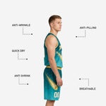 Back view of custom teal basketball uniforms showing player name and back number placement on the galaxy-patterned sublimated jersey
