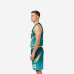 Side view of custom teal basketball uniform set showing gold comet streak continuing from jersey front panel down through the matching shorts leg