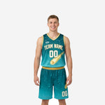 Custom teal basketball uniforms with gold comet galaxy design, arced team name, and front number 00 on the full two-piece jersey and shorts set