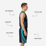 Back view of custom black and teal basketball jersey showing back number and player name placement in teal sublimated print