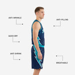 Back view of the custom teal basketball uniforms showing the back number and player name placement on the navy sublimated jersey with teal shoulder detail