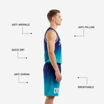 Back view of custom teal basketball uniforms showing back player name and number sublimated onto the navy-to-teal gradient sleeveless jersey
