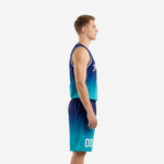 Front view of custom teal basketball uniforms with white V-neck binding, arched team name, and front number on the navy-to-teal gradient jersey
