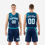 Size and specification sheet for the custom navy and teal basketball uniform set showing youth and adult sizing options for the jersey and shorts