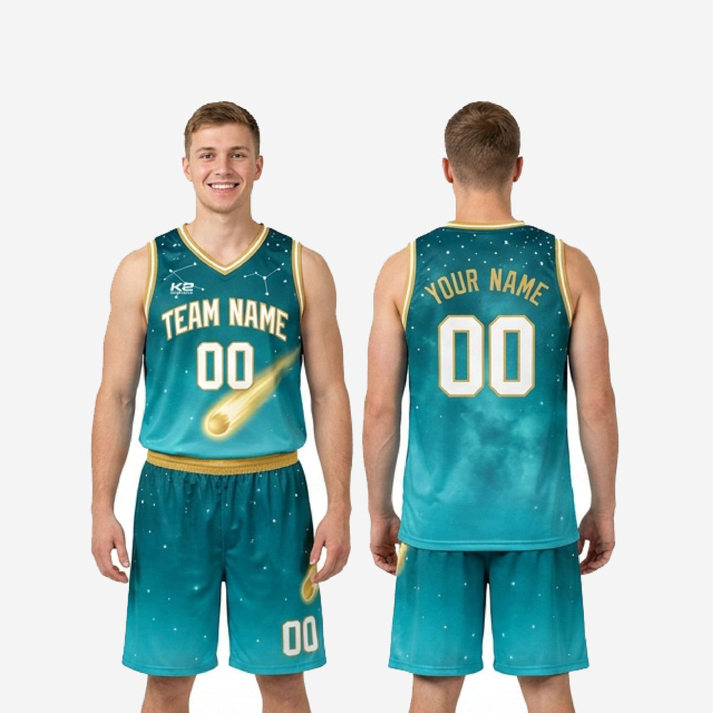 Custom Teal Basketball Uniforms - Gold, Front and Back Numbers