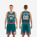 Size and specification sheet for custom teal and coral basketball uniform set in youth and adult sizes