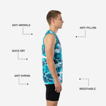 Back view of custom teal camo basketball jersey showing back player name arc and back number in white with navy outline