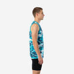Front view of custom teal and navy camo basketball jersey with V-neck collar, teal binding, arched team name, and centered front number