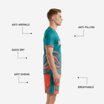 Coral soccer shorts with teal wave side panel detail and elastic drawcord waistband, part of custom teal uniform set