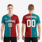 Sleeve cuff detail on custom teal and dark red split soccer jersey showing contrast stripe and double-stitch seam