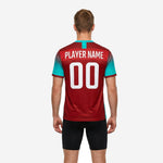 Custom teal soccer training jersey back view showing player name and number 00 in white on dark red body with teal sleeves